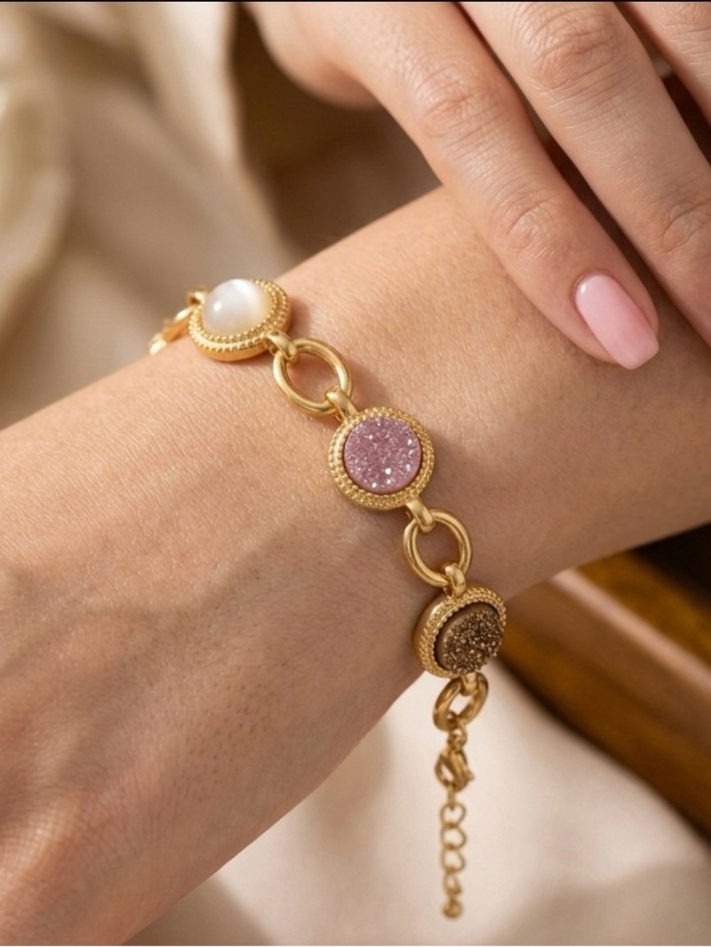 14k Gold Plated Gema-Inspired Austrian Crystal Station Bracelet Adjustable - Picture 4 of 4